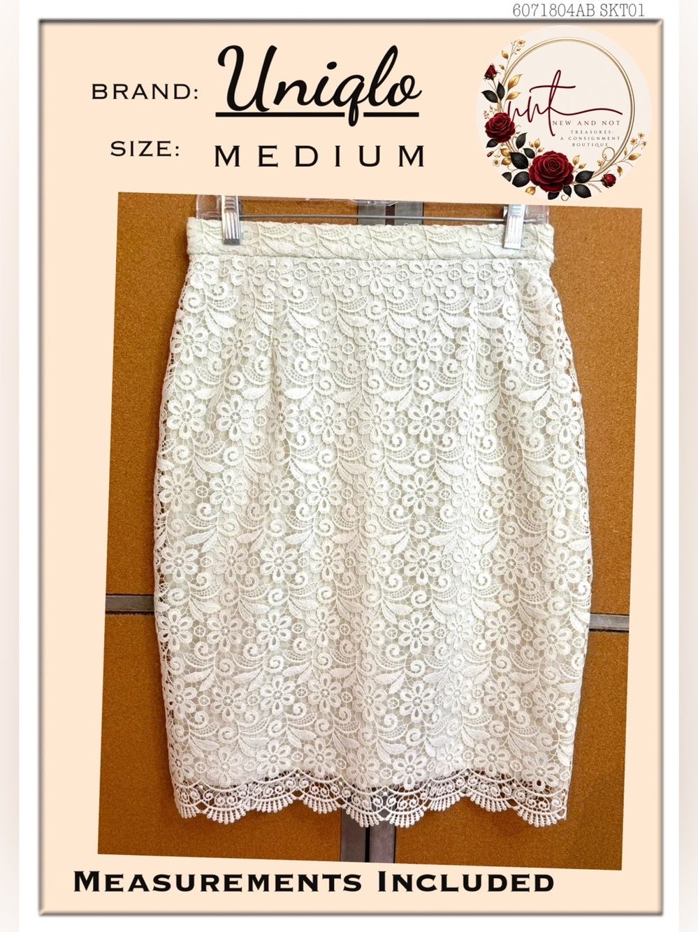 Uniqlo Ivory Floral Lace Pencil Skirt Size M Scalloped Hem Lined Measurements